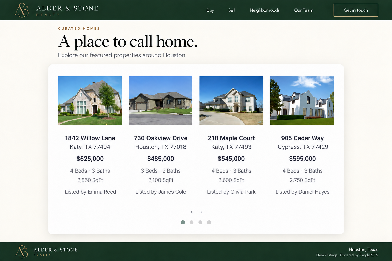 Featured property cards with photos, prices, and navigation arrows in the SimplyRETS WordPress listing carousel.